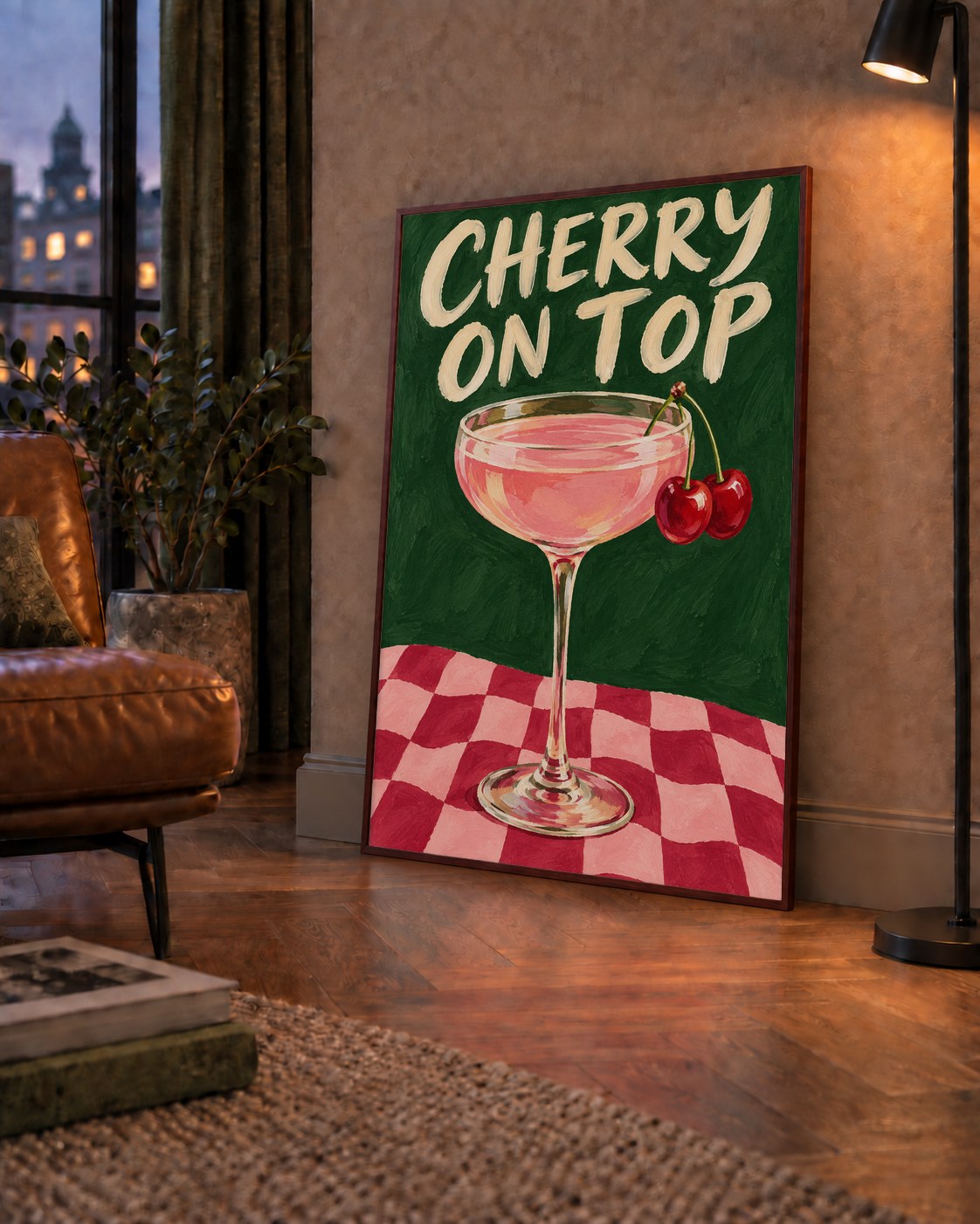 Cherry On Top Kirazlı Kokteyl Poster – Renkli İllüstrasyon Baskı — çerçeveli hâliyle bir ev duvarında