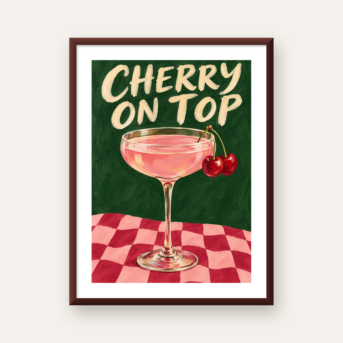 Cherry On Top Kirazlı Kokteyl Poster – Renkli İllüstrasyon Baskı — ceviz çerçeveli paspartulu
