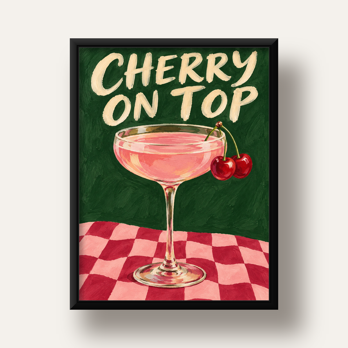 Cherry On Top Kirazlı Kokteyl Poster – Renkli İllüstrasyon Baskı — siyah derin çerçeveli