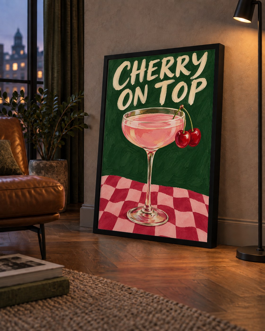 Cherry On Top Kirazlı Kokteyl Poster – Renkli İllüstrasyon Baskı — çerçeveli hâliyle bir ev duvarında