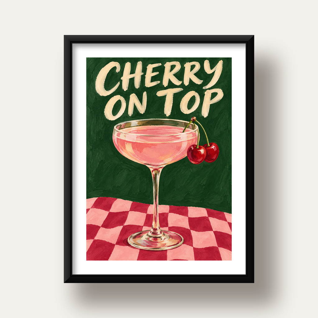 Cherry On Top Kirazlı Kokteyl Poster – Renkli İllüstrasyon Baskı — siyah derin çerçeveli paspartulu