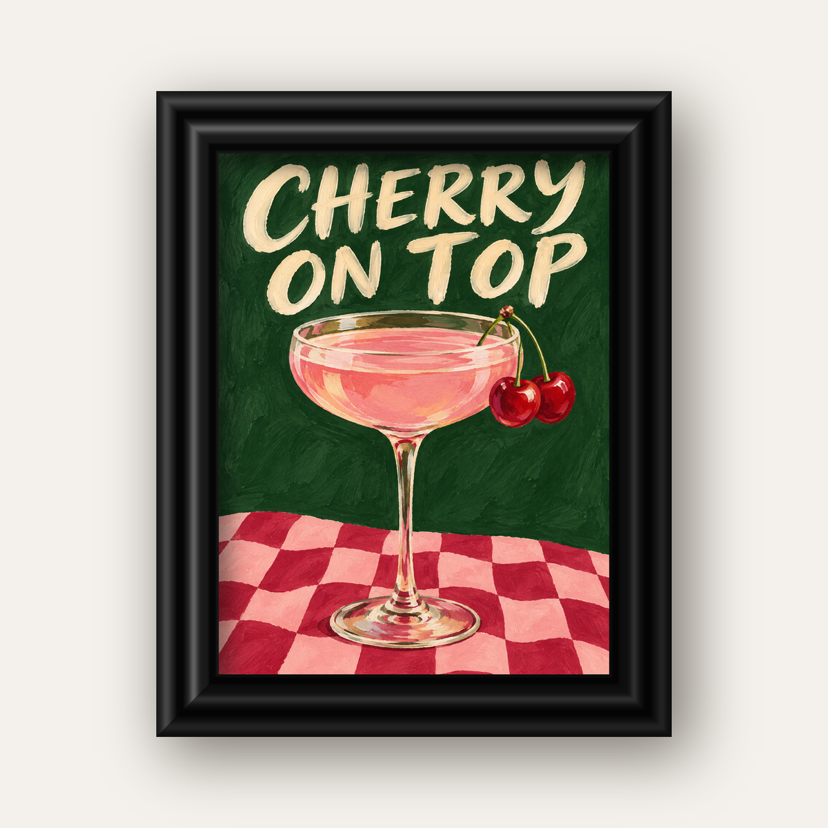 Cherry On Top Kirazlı Kokteyl Poster – Renkli İllüstrasyon Baskı — siyah galeri çerçeveli