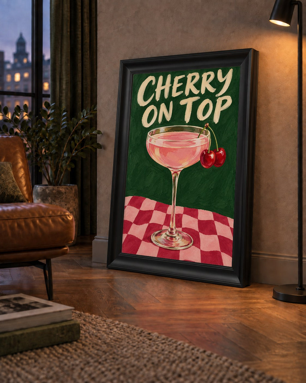 Cherry On Top Kirazlı Kokteyl Poster – Renkli İllüstrasyon Baskı — çerçeveli hâliyle bir ev duvarında