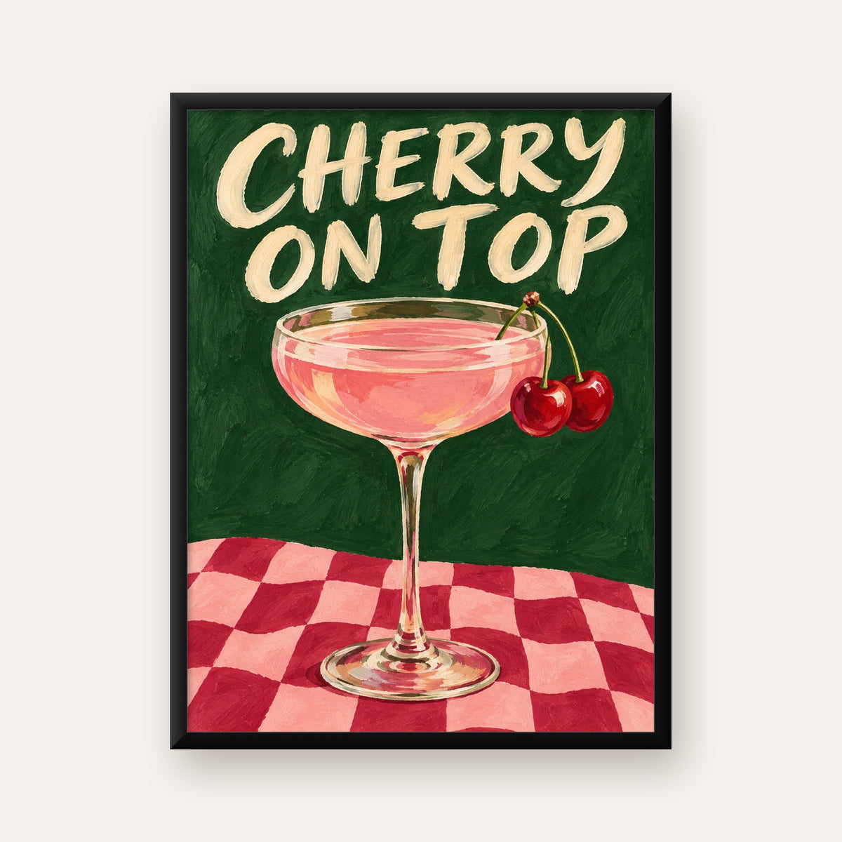 Cherry On Top Kirazlı Kokteyl Poster – Renkli İllüstrasyon Baskı — Dikey baskı, düz siyah çerçeveli duvar posteri