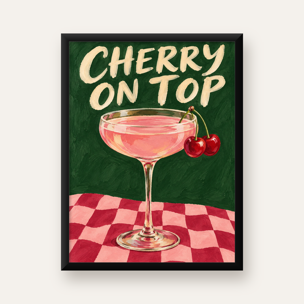 Cherry On Top Kirazlı Kokteyl Poster – Renkli İllüstrasyon Baskı — Dikey baskı, düz siyah çerçeveli duvar posteri