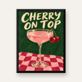 Cherry On Top Kirazlı Kokteyl Poster – Renkli İllüstrasyon Baskı — Dikey baskı, düz siyah çerçeveli duvar posteri