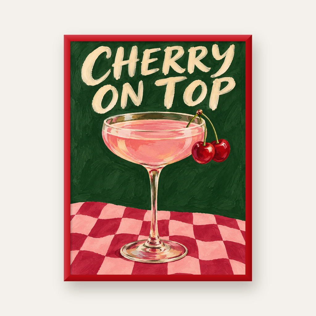 Cherry On Top Kirazlı Kokteyl Poster – Renkli İllüstrasyon Baskı — kırmızı çerçeveli