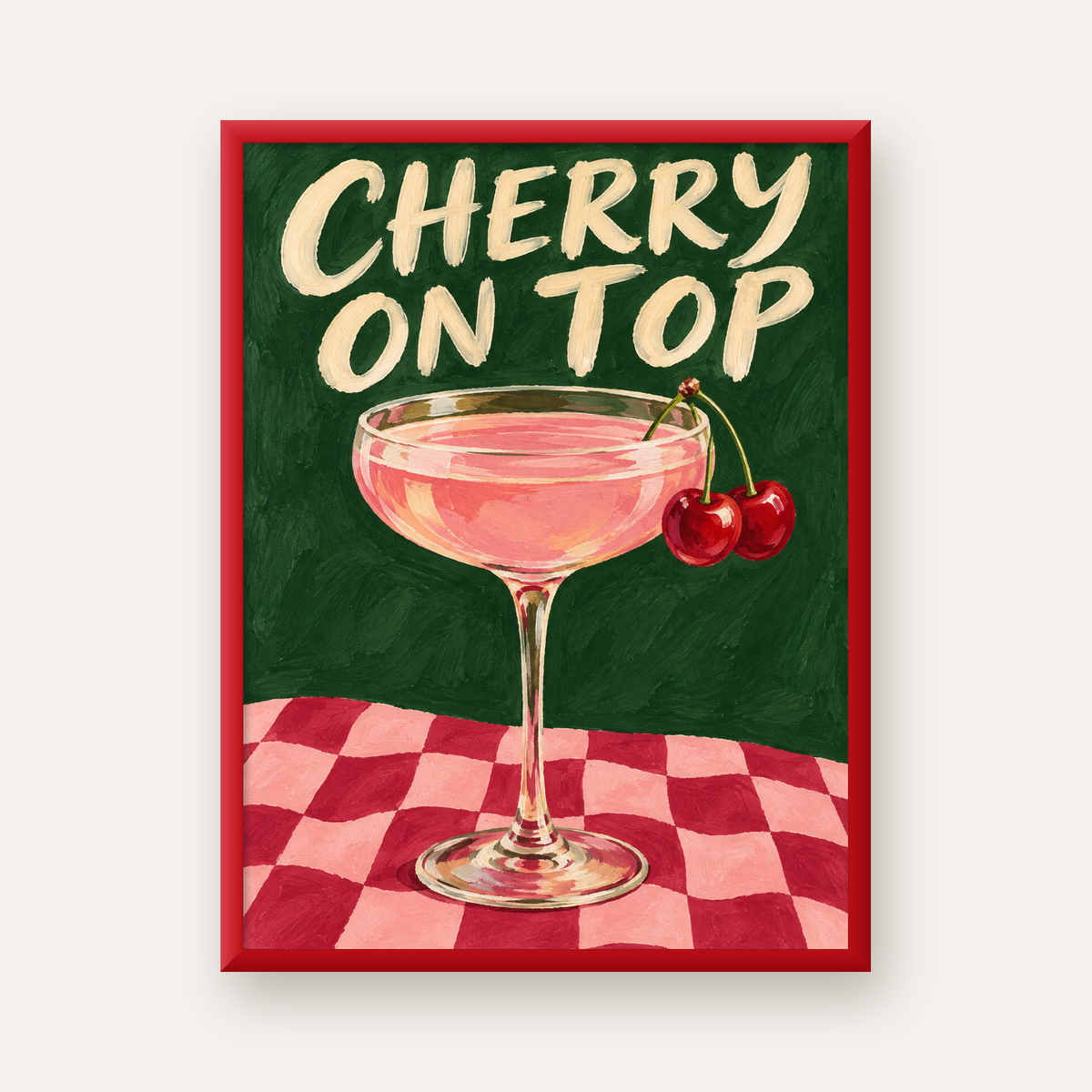 Cherry On Top Kirazlı Kokteyl Poster – Renkli İllüstrasyon Baskı — kırmızı çerçeveli