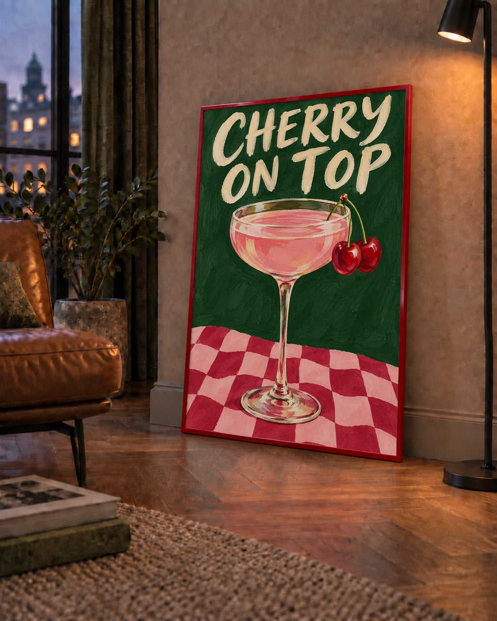 Cherry On Top Kirazlı Kokteyl Poster – Renkli İllüstrasyon Baskı — çerçeveli hâliyle bir ev duvarında