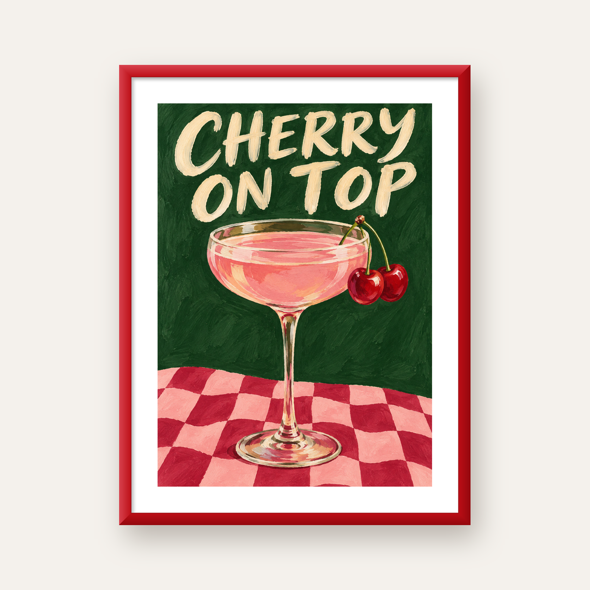 Cherry On Top Kirazlı Kokteyl Poster – Renkli İllüstrasyon Baskı — kırmızı çerçeveli paspartulu