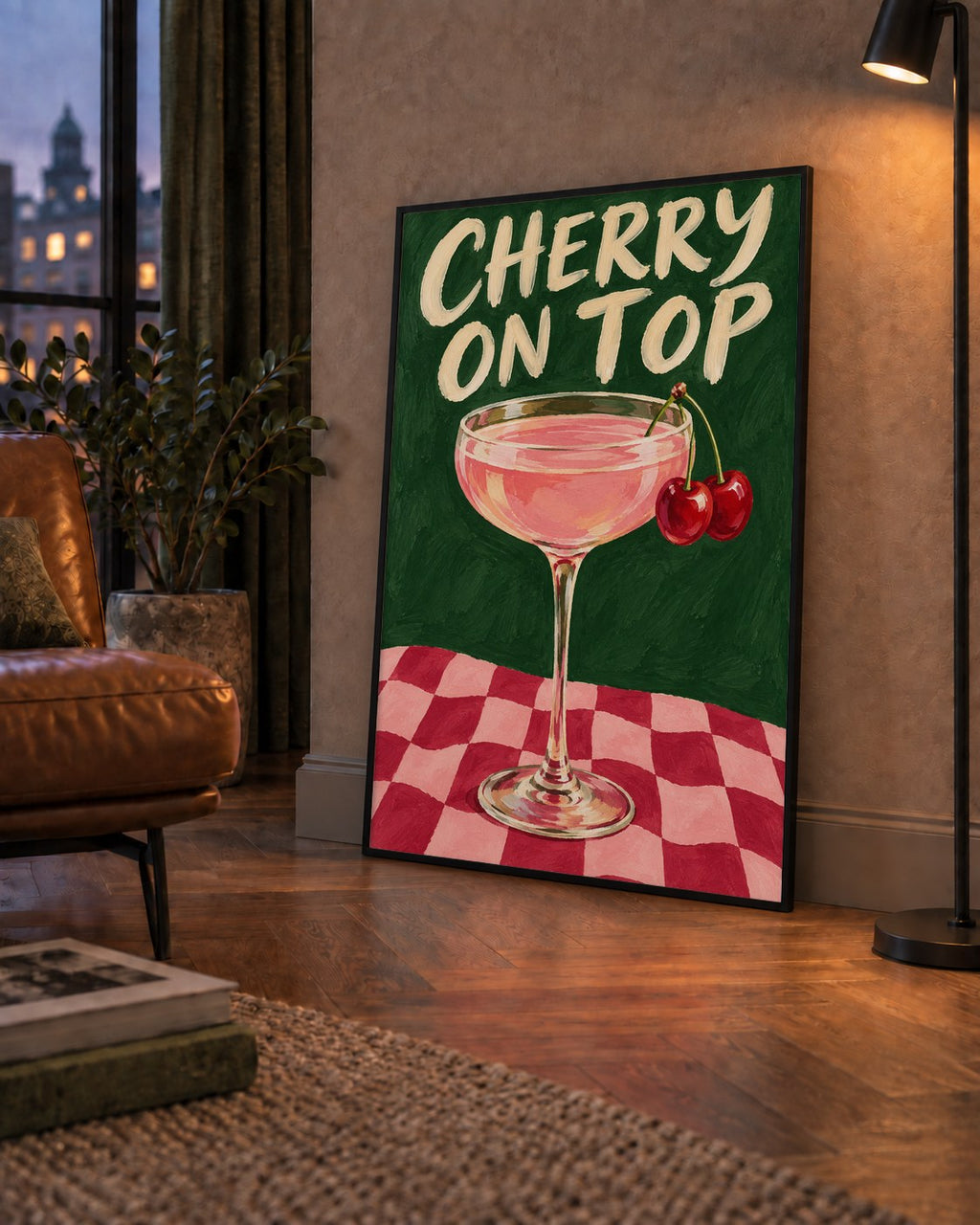 Cherry On Top Kirazlı Kokteyl Poster – Renkli İllüstrasyon Baskı — çerçeveli hâliyle bir ev duvarında