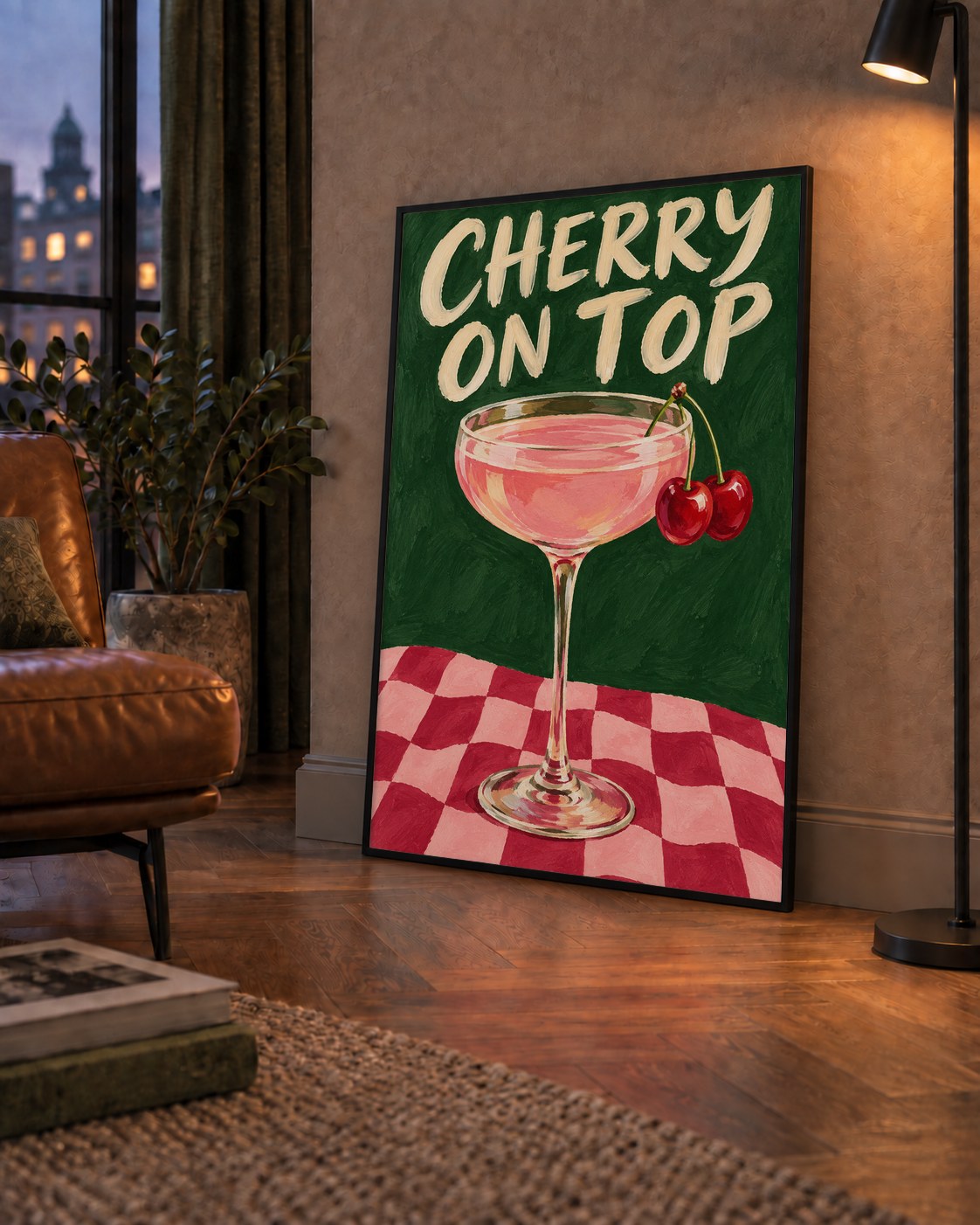 Cherry On Top Kirazlı Kokteyl Poster – Renkli İllüstrasyon Baskı — çerçeveli hâliyle bir ev duvarında