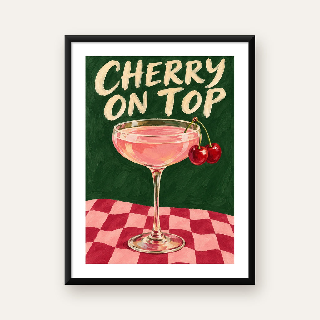 Cherry On Top Kirazlı Kokteyl Poster – Renkli İllüstrasyon Baskı — Dikey baskı, beyaz paspartulu