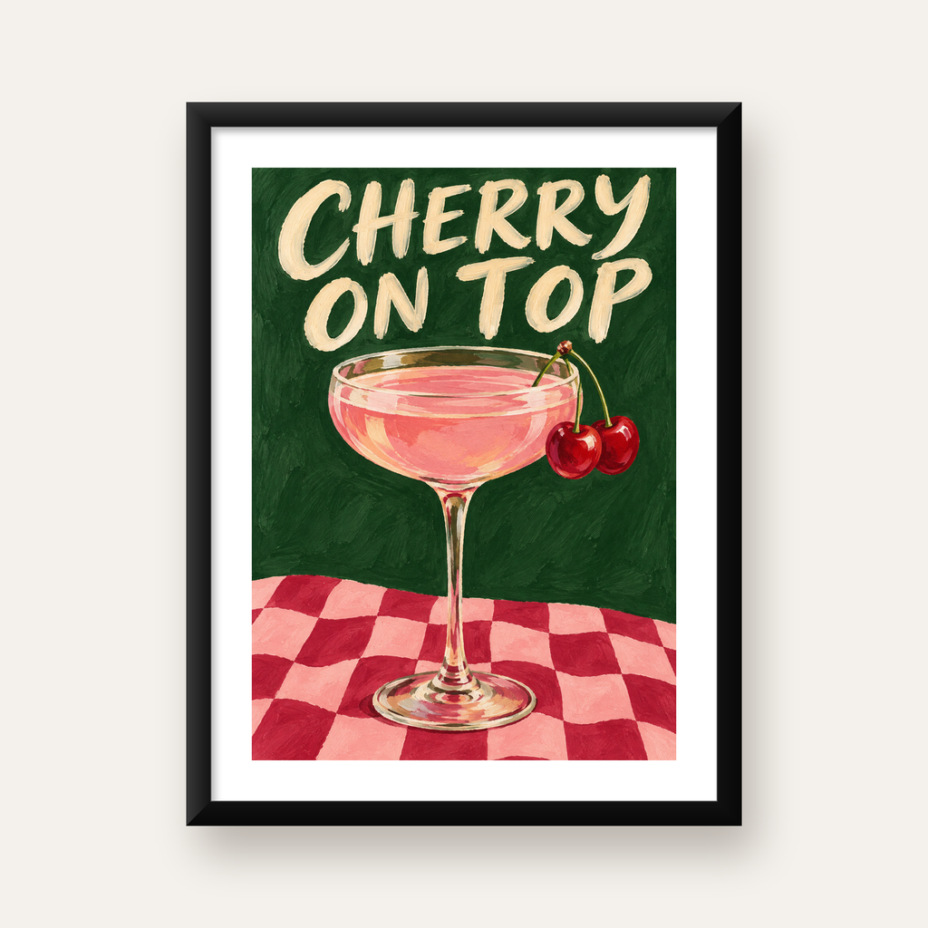Cherry On Top Kirazlı Kokteyl Poster – Renkli İllüstrasyon Baskı — Dikey baskı, beyaz paspartulu