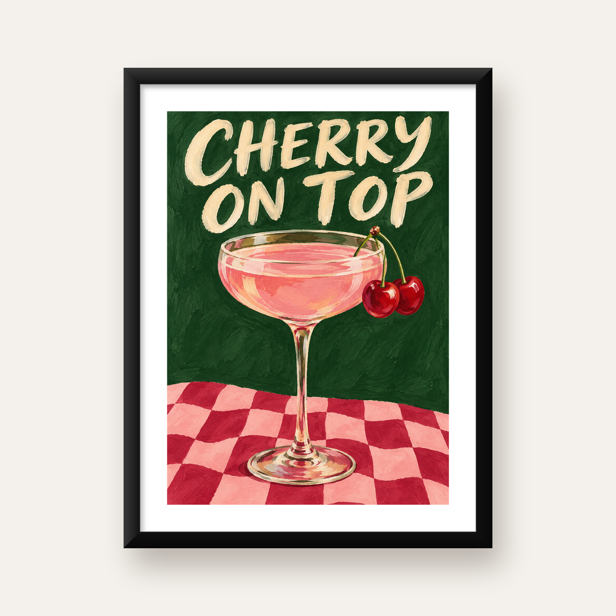 Cherry On Top Kirazlı Kokteyl Poster – Renkli İllüstrasyon Baskı — Dikey baskı, beyaz paspartulu