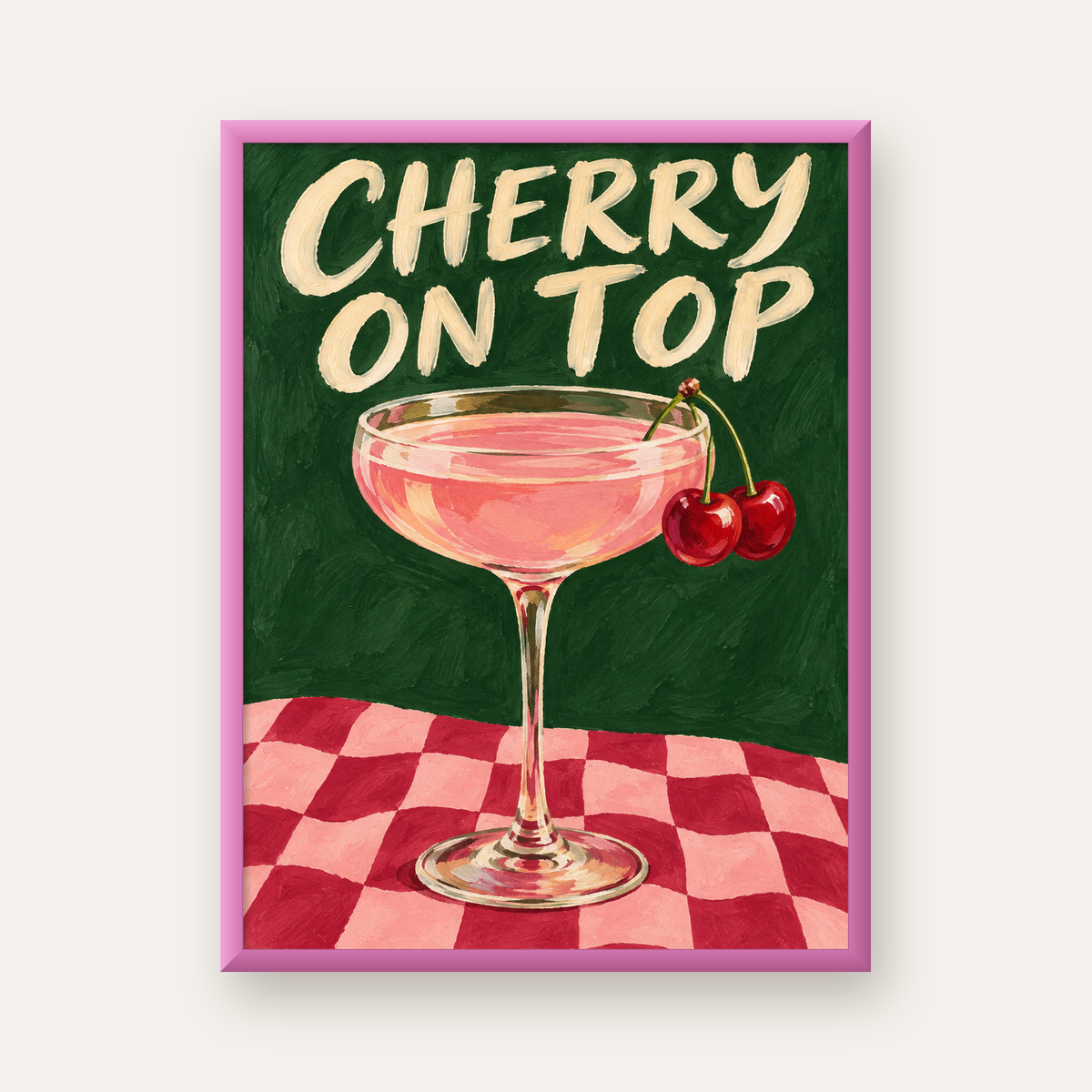 Cherry On Top Kirazlı Kokteyl Poster – Renkli İllüstrasyon Baskı — pembe çerçeveli