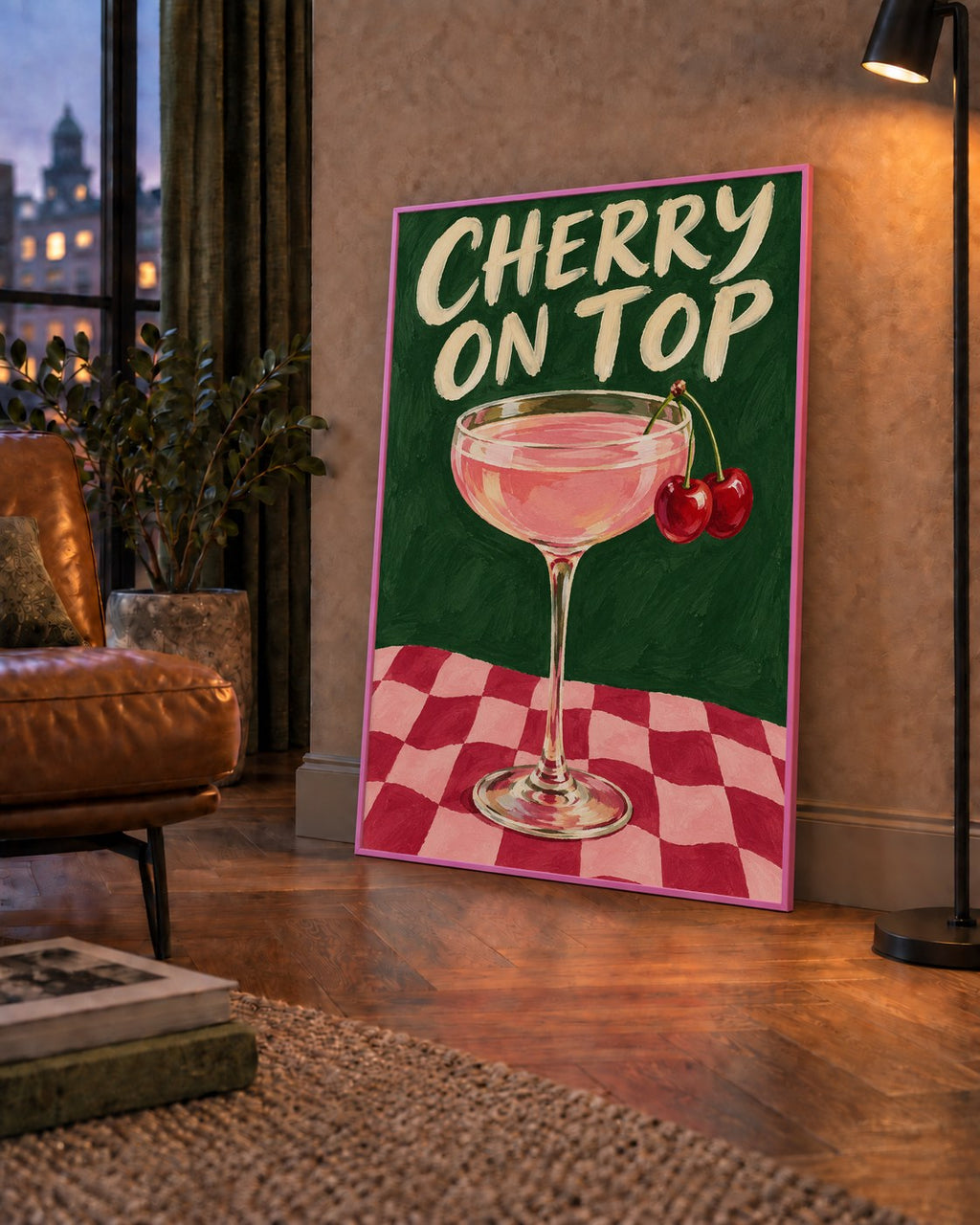 Cherry On Top Kirazlı Kokteyl Poster – Renkli İllüstrasyon Baskı — çerçeveli hâliyle bir ev duvarında