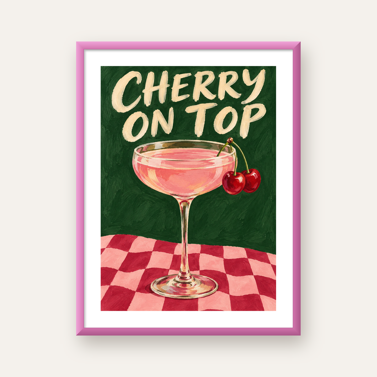 Cherry On Top Kirazlı Kokteyl Poster – Renkli İllüstrasyon Baskı — pembe çerçeveli paspartulu