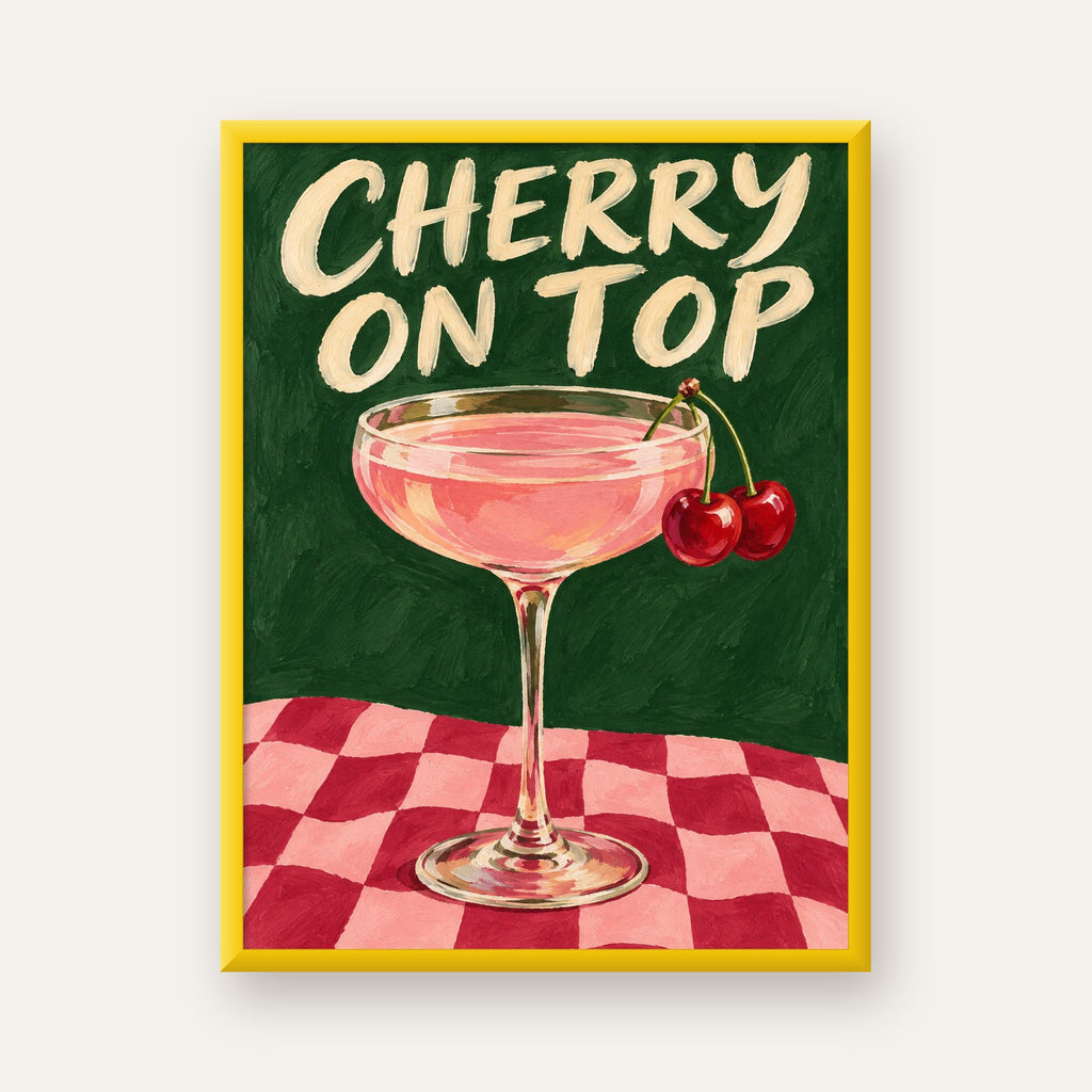 Cherry On Top Kirazlı Kokteyl Poster – Renkli İllüstrasyon Baskı — sarı çerçeveli