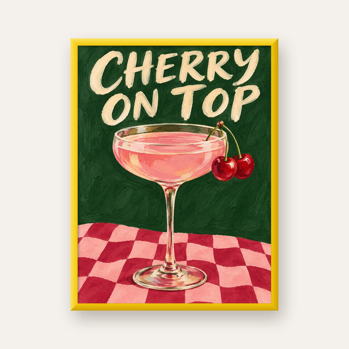 Cherry On Top Kirazlı Kokteyl Poster – Renkli İllüstrasyon Baskı — sarı çerçeveli