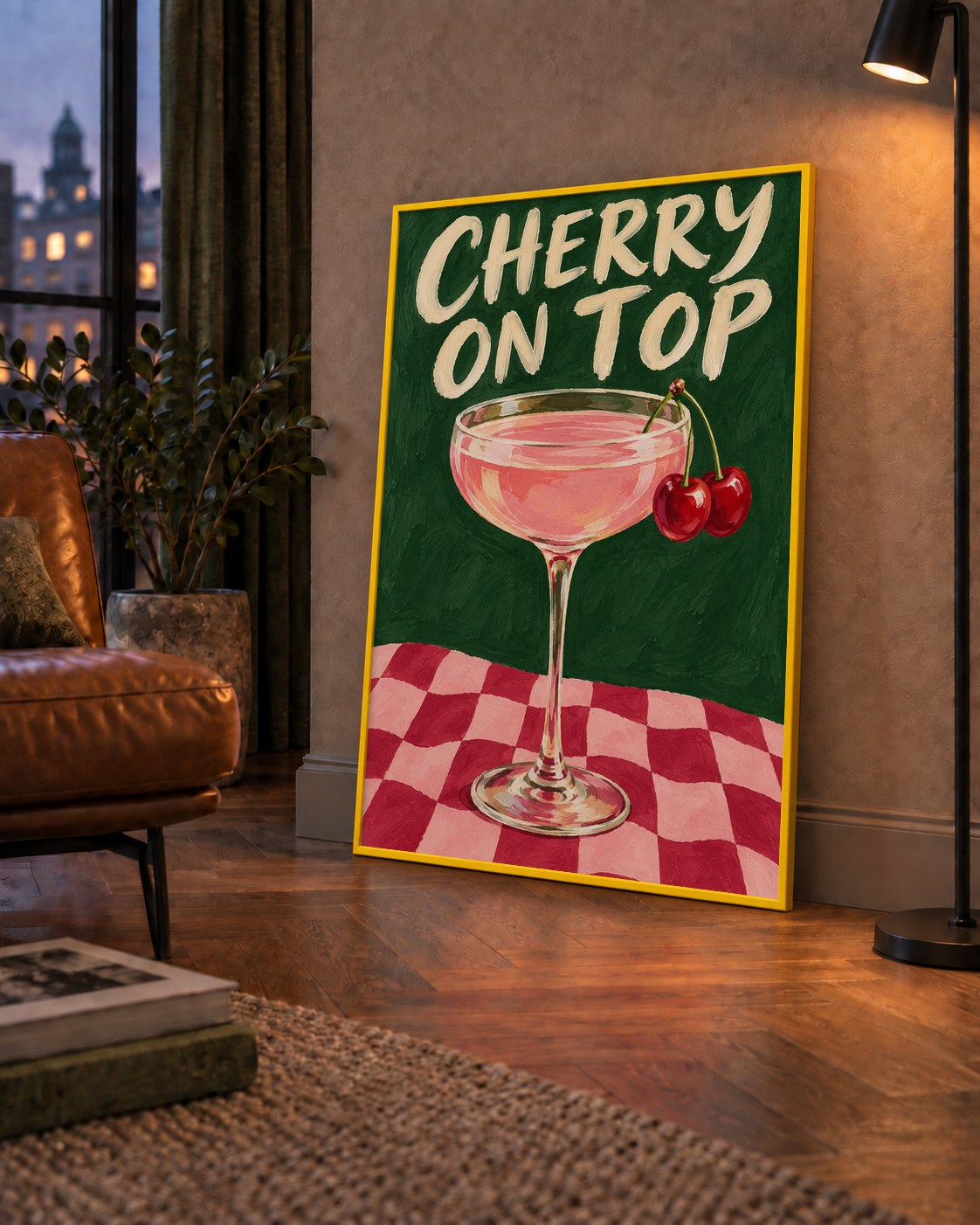 Cherry On Top Kirazlı Kokteyl Poster – Renkli İllüstrasyon Baskı — çerçeveli hâliyle bir ev duvarında