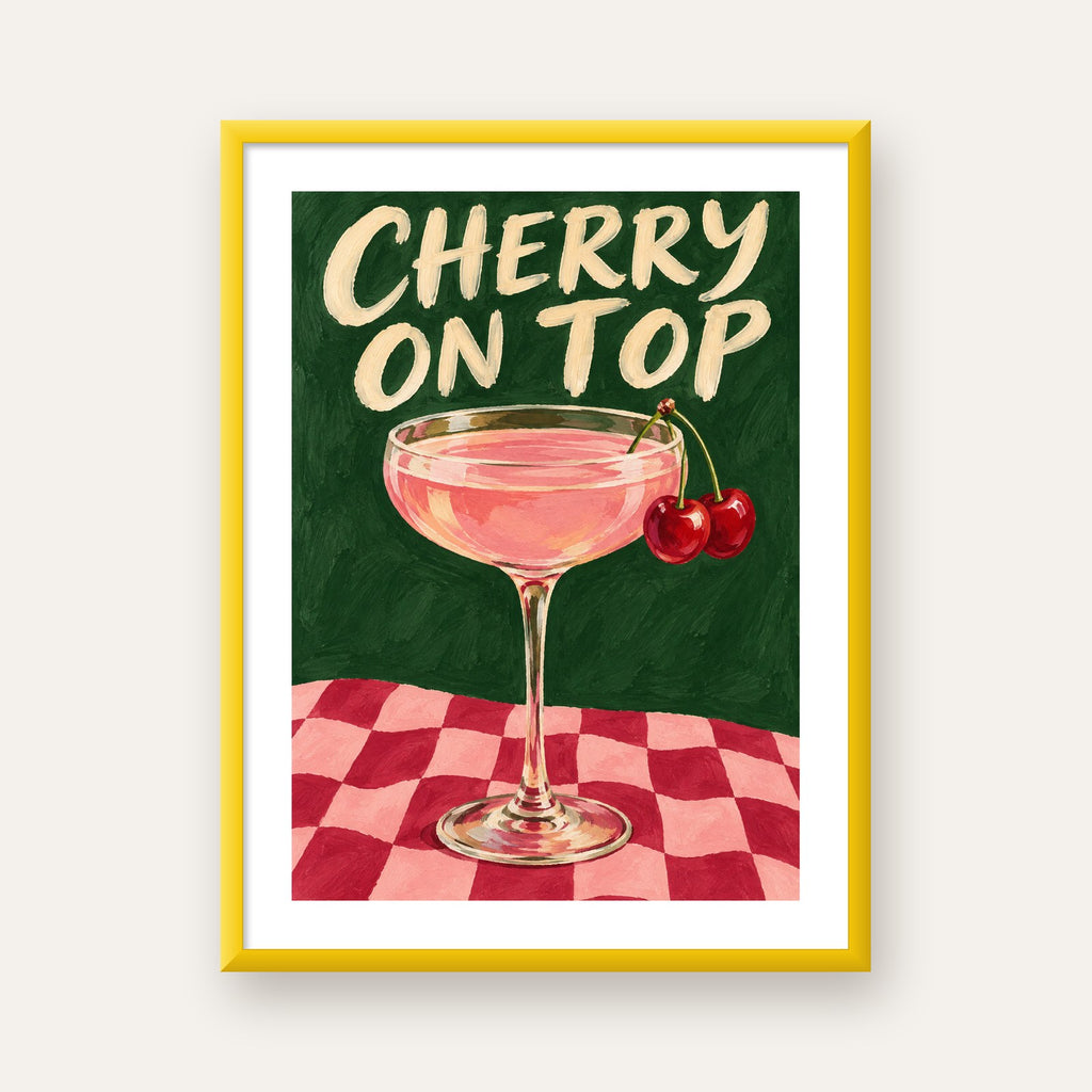 Cherry On Top Kirazlı Kokteyl Poster – Renkli İllüstrasyon Baskı — sarı çerçeveli paspartulu
