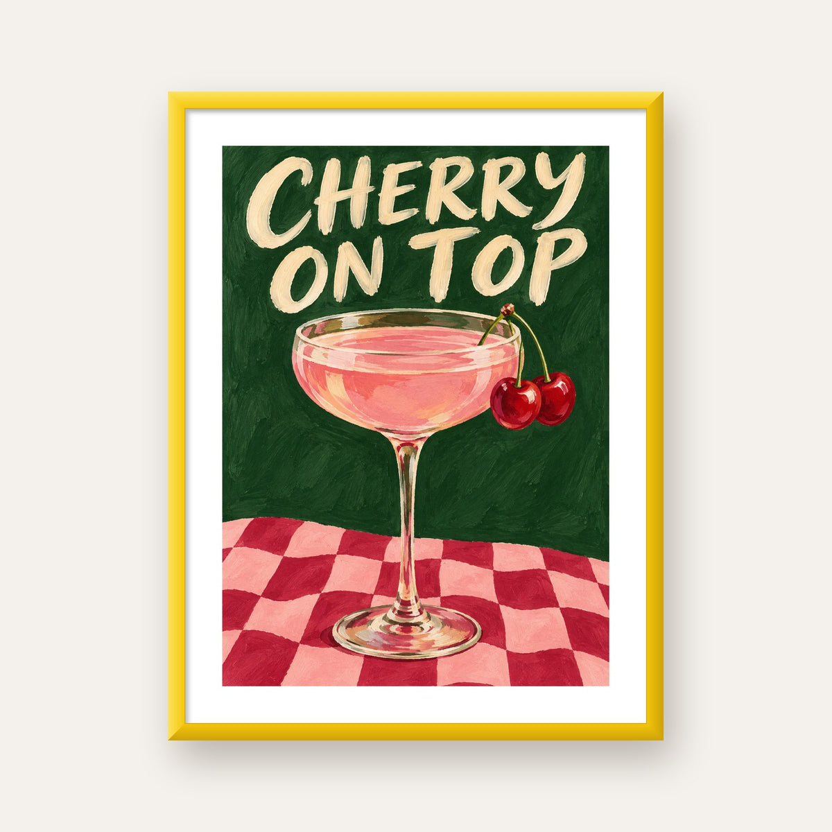 Cherry On Top Kirazlı Kokteyl Poster – Renkli İllüstrasyon Baskı — sarı çerçeveli paspartulu
