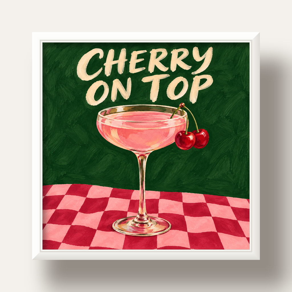 Cherry On Top Kirazlı Kokteyl Poster – Renkli İllüstrasyon Baskı — beyaz derin çerçeveli