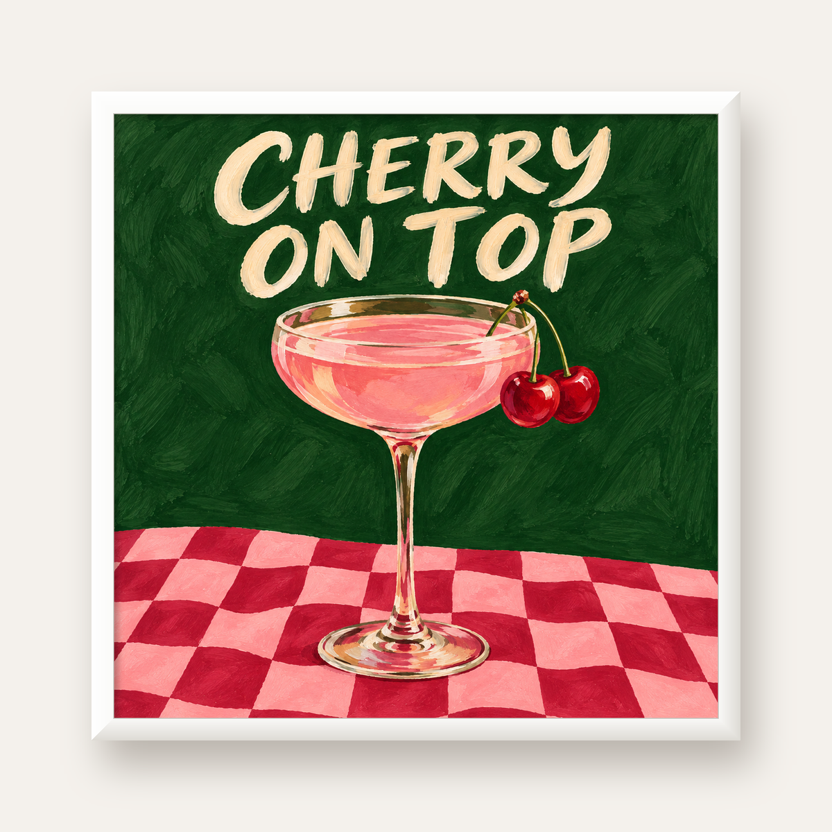 Cherry On Top Kirazlı Kokteyl Poster – Renkli İllüstrasyon Baskı — beyaz çerçeveli kare poster