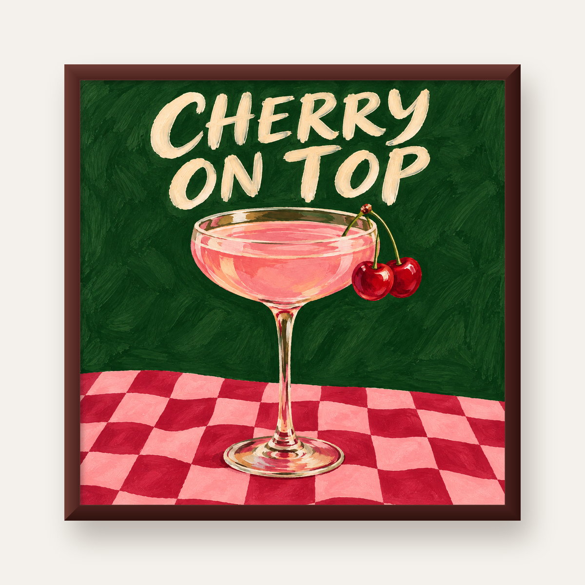 Cherry On Top Kirazlı Kokteyl Poster – Renkli İllüstrasyon Baskı — ceviz çerçeveli