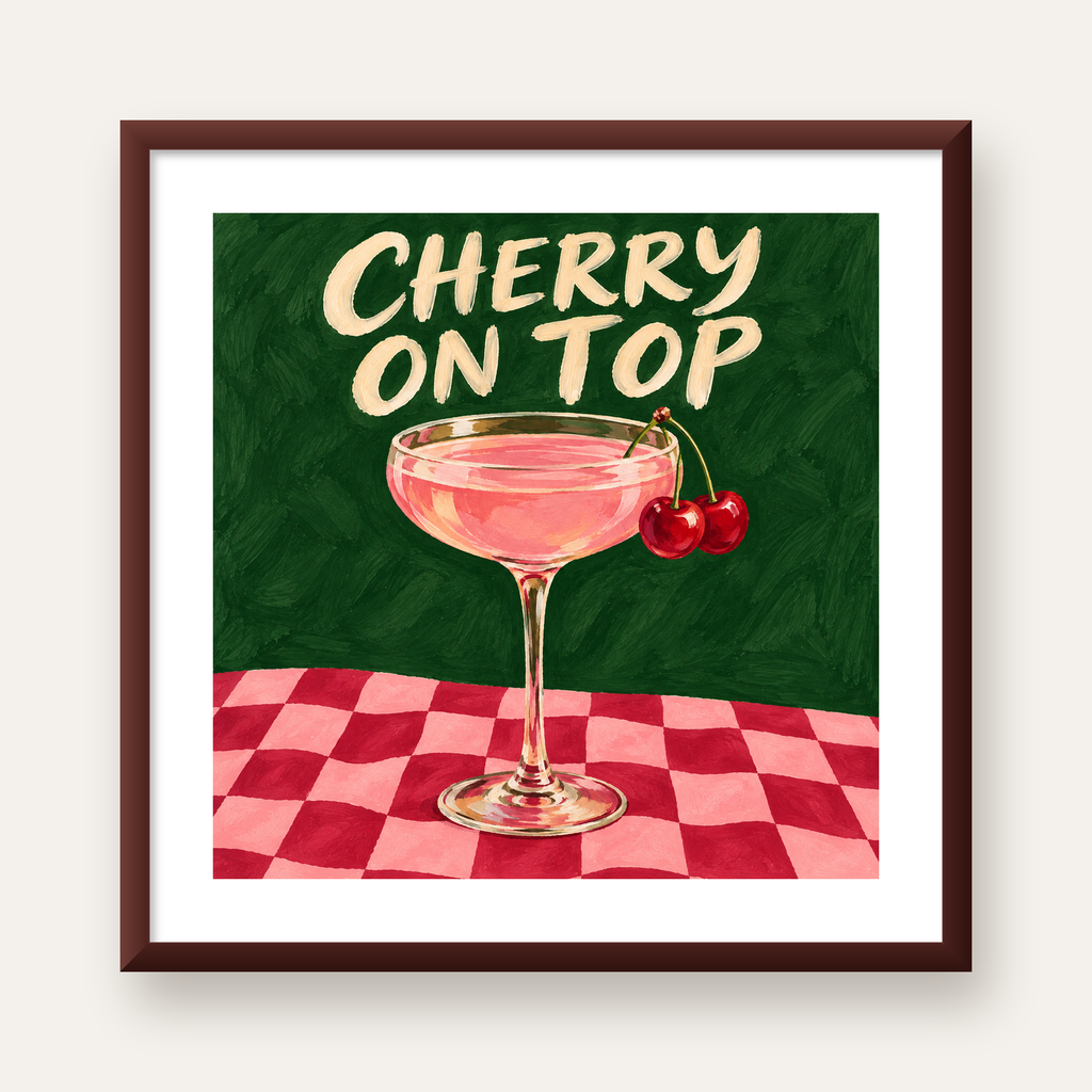 Cherry On Top Kirazlı Kokteyl Poster – Renkli İllüstrasyon Baskı — ceviz çerçeveli paspartulu