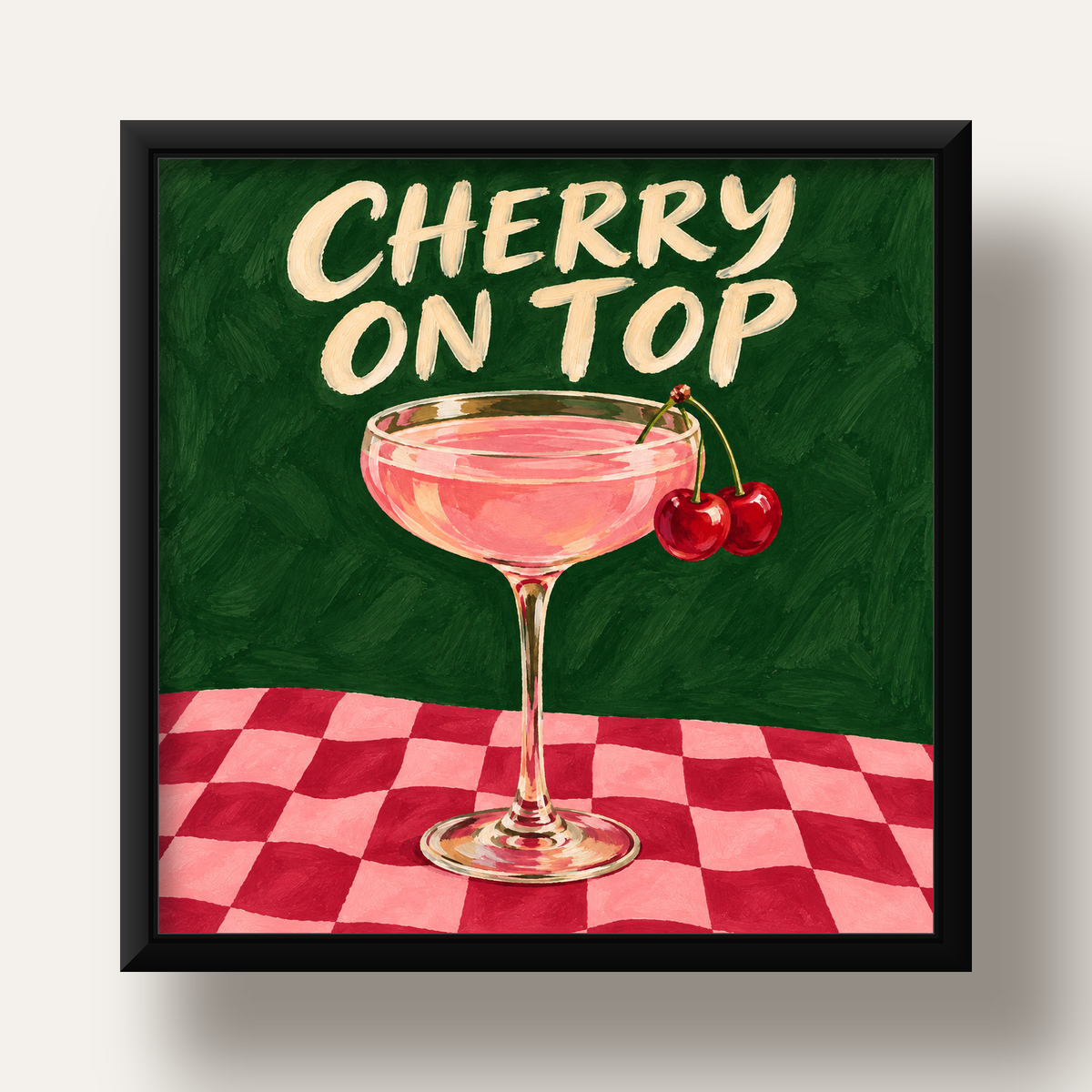 Cherry On Top Kirazlı Kokteyl Poster – Renkli İllüstrasyon Baskı — siyah derin çerçeveli