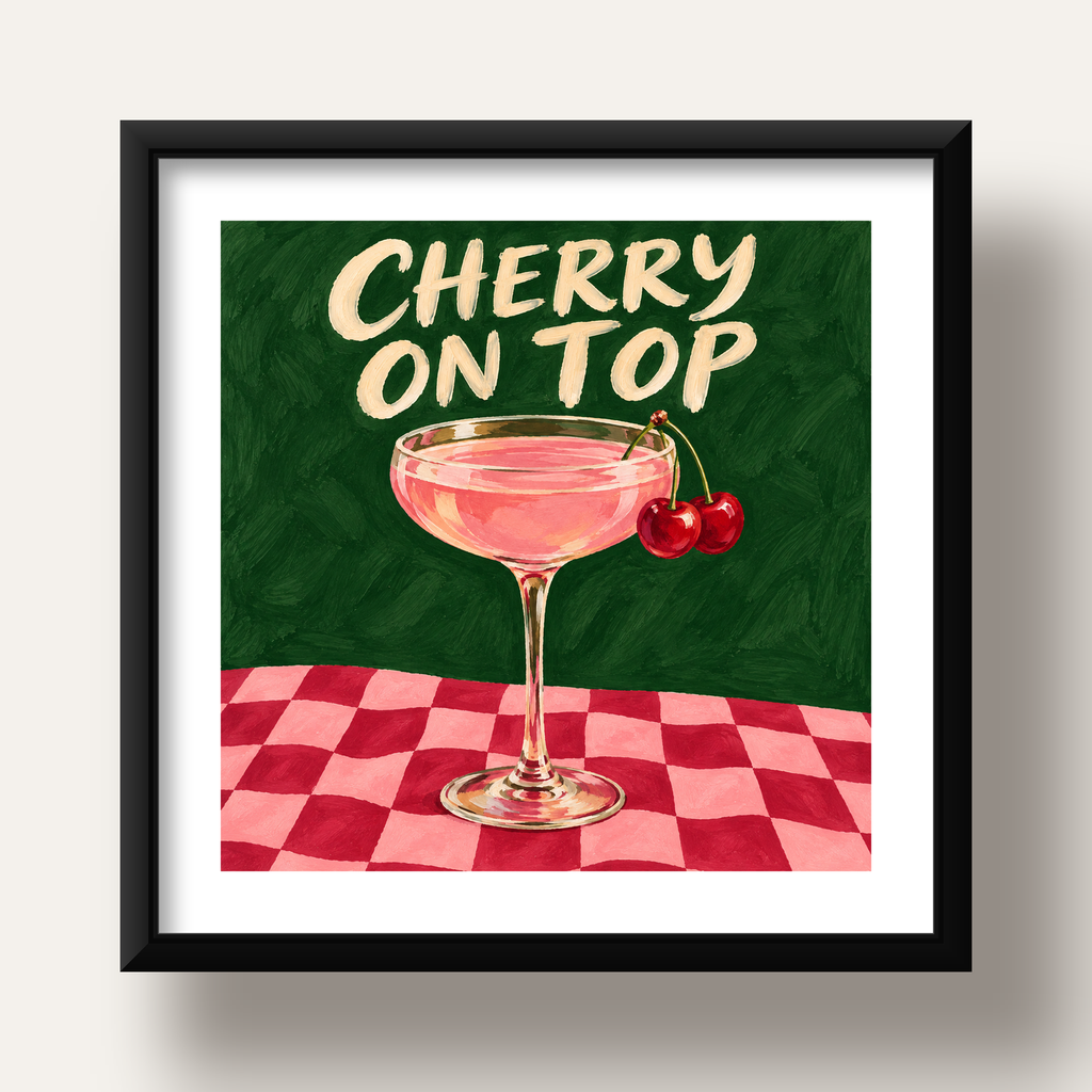 Cherry On Top Kirazlı Kokteyl Poster – Renkli İllüstrasyon Baskı — siyah derin çerçeveli paspartulu