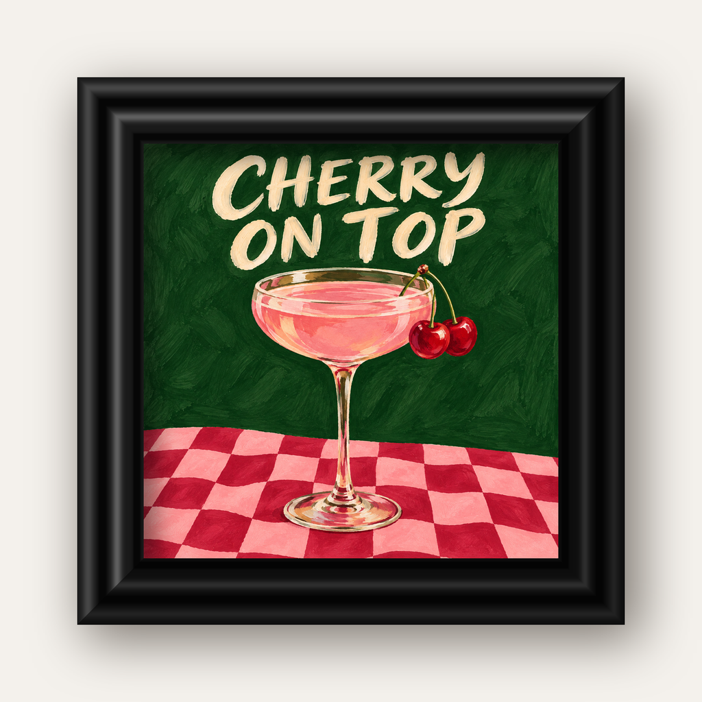 Cherry On Top Kirazlı Kokteyl Poster – Renkli İllüstrasyon Baskı — siyah galeri çerçeveli