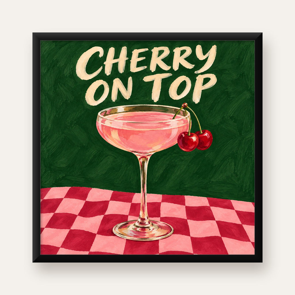 Cherry On Top Kirazlı Kokteyl Poster – Renkli İllüstrasyon Baskı — Kare baskı, düz siyah çerçeveli duvar posteri