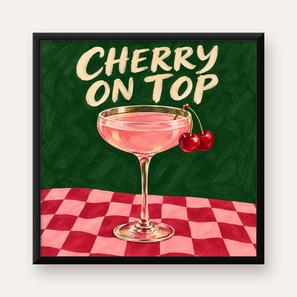 Cherry On Top Kirazlı Kokteyl Poster – Renkli İllüstrasyon Baskı — Kare baskı, düz siyah çerçeveli duvar posteri