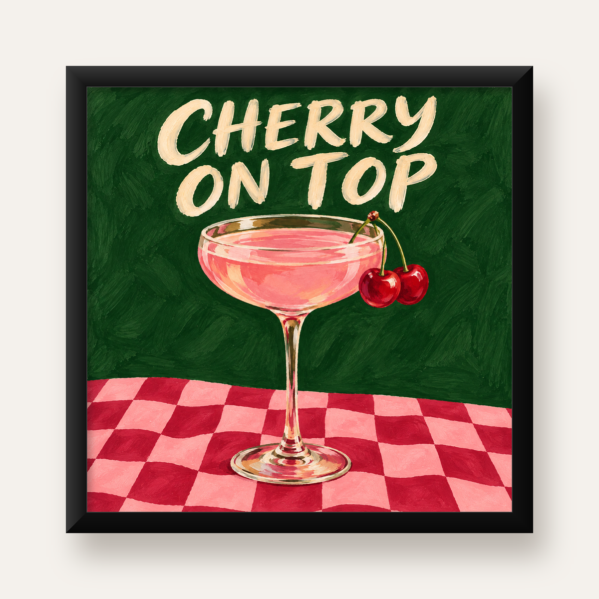 Cherry On Top Kirazlı Kokteyl Poster – Renkli İllüstrasyon Baskı — Kare baskı, düz siyah çerçeveli duvar posteri