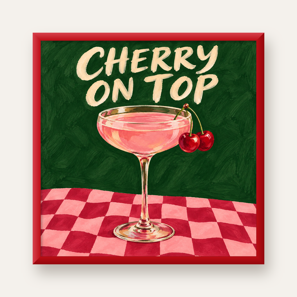 Cherry On Top Kirazlı Kokteyl Poster – Renkli İllüstrasyon Baskı — kırmızı çerçeveli