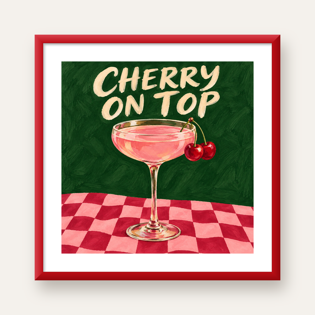 Cherry On Top Kirazlı Kokteyl Poster – Renkli İllüstrasyon Baskı — kırmızı çerçeveli paspartulu