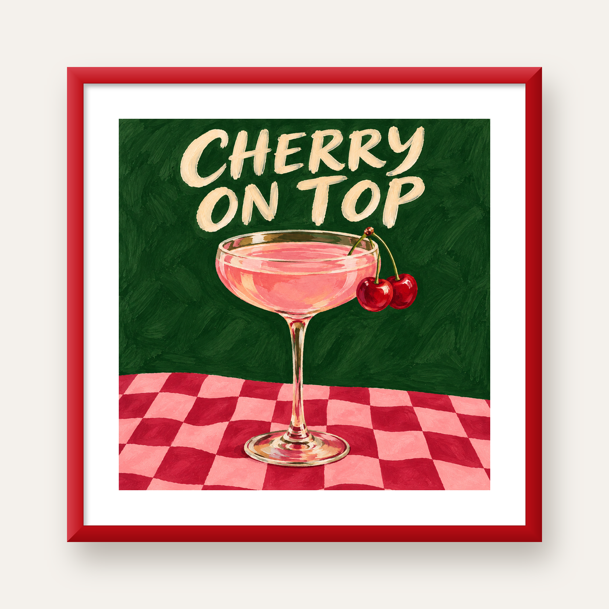 Cherry On Top Kirazlı Kokteyl Poster – Renkli İllüstrasyon Baskı — kırmızı çerçeveli paspartulu