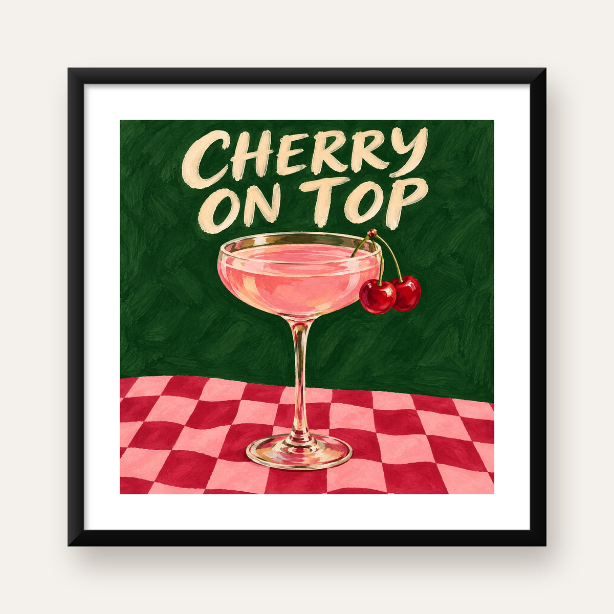 Cherry On Top Kirazlı Kokteyl Poster – Renkli İllüstrasyon Baskı — Kare baskı, beyaz paspartulu