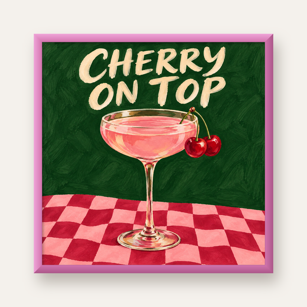 Cherry On Top Kirazlı Kokteyl Poster – Renkli İllüstrasyon Baskı — pembe çerçeveli