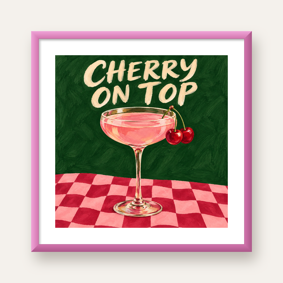 Cherry On Top Kirazlı Kokteyl Poster – Renkli İllüstrasyon Baskı — pembe çerçeveli paspartulu