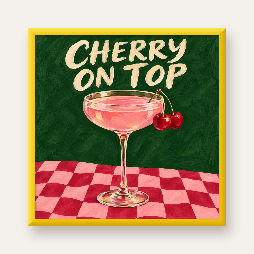 Cherry On Top Kirazlı Kokteyl Poster – Renkli İllüstrasyon Baskı — sarı çerçeveli