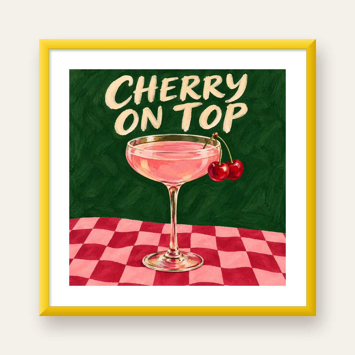 Cherry On Top Kirazlı Kokteyl Poster – Renkli İllüstrasyon Baskı — sarı çerçeveli paspartulu