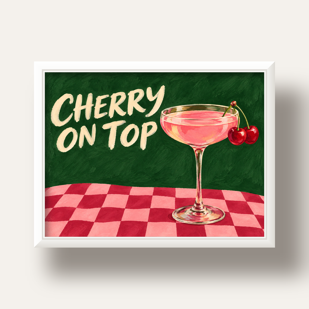 Cherry On Top Kirazlı Kokteyl Poster – Renkli İllüstrasyon Baskı — beyaz derin çerçeveli