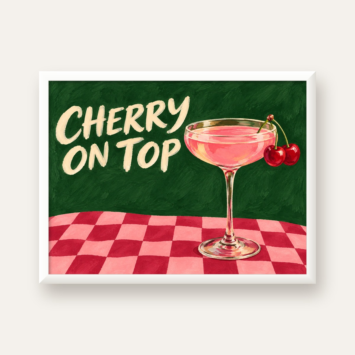 Cherry On Top Kirazlı Kokteyl Poster – Renkli İllüstrasyon Baskı — beyaz çerçeveli yatay poster