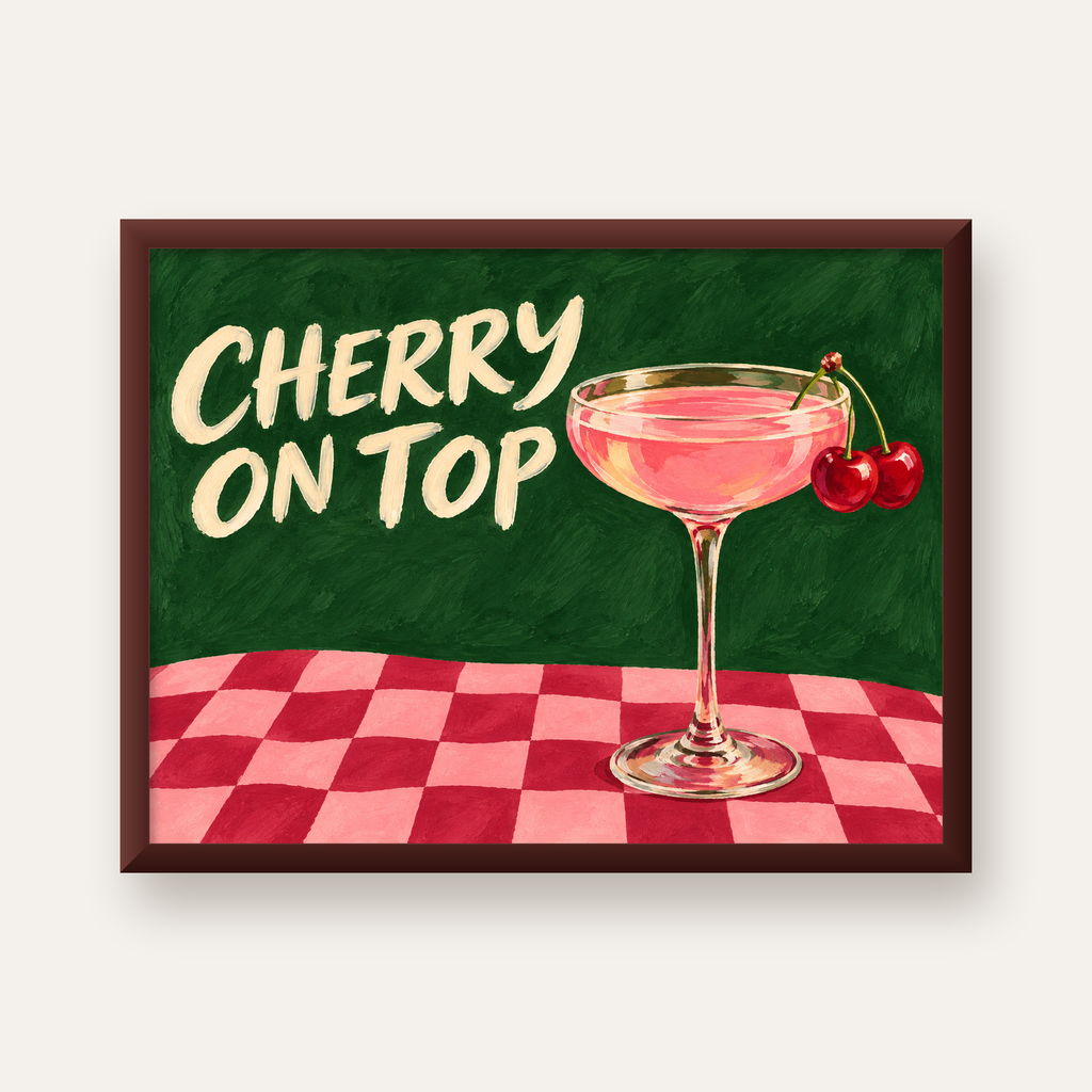 Cherry On Top Kirazlı Kokteyl Poster – Renkli İllüstrasyon Baskı — ceviz çerçeveli