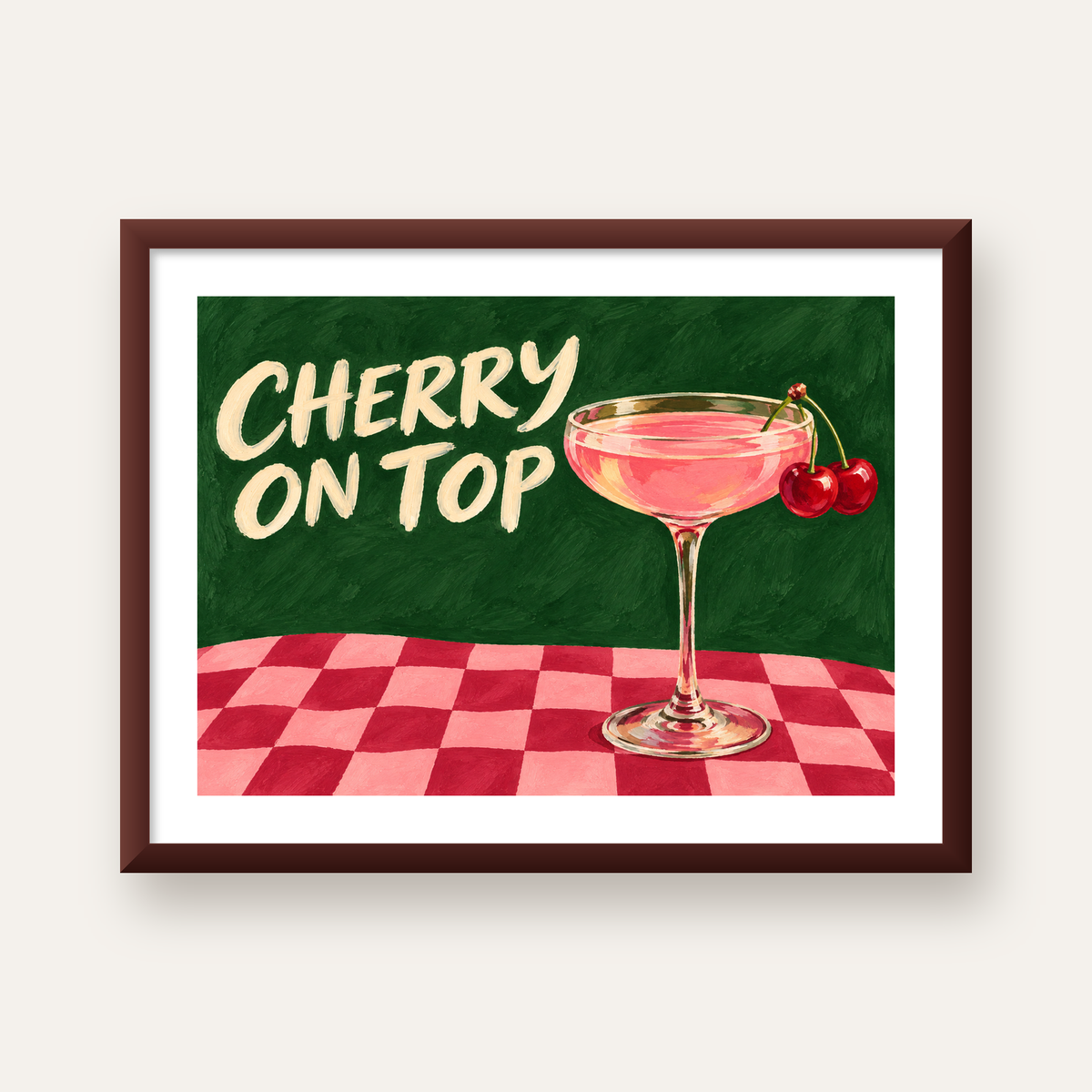 Cherry On Top Kirazlı Kokteyl Poster – Renkli İllüstrasyon Baskı — ceviz çerçeveli paspartulu