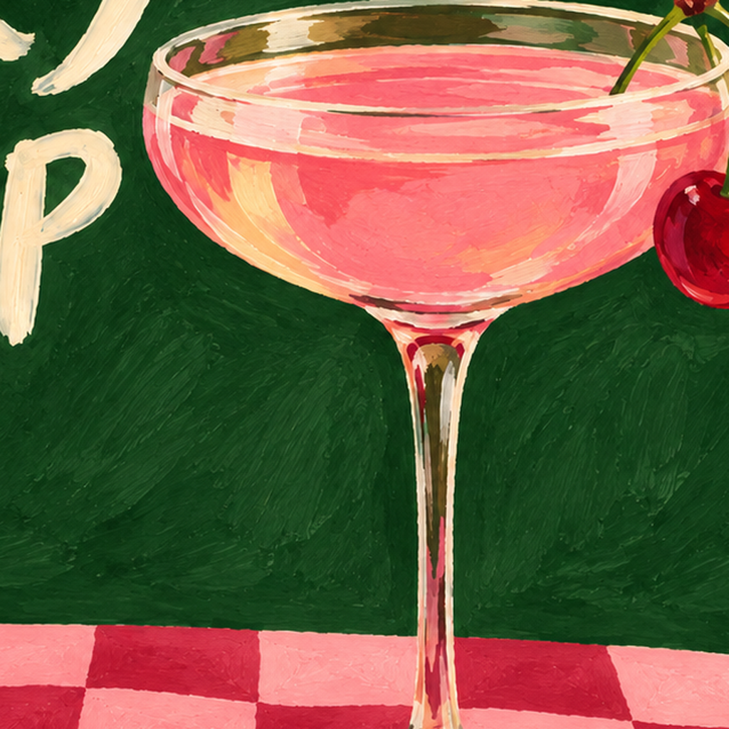 Cherry On Top Kirazlı Kokteyl Poster – Renkli İllüstrasyon Baskı — baskının yakın çekimi, kâğıt dokusu ve renk detayı